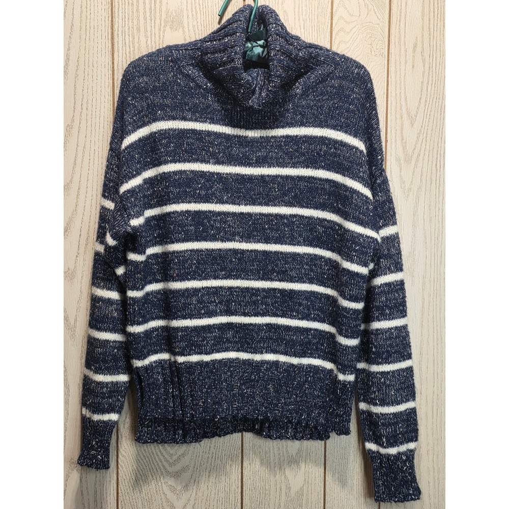 Primark Womens XS Navy Blue White Striped Turtleneck Marled Knit Sweater